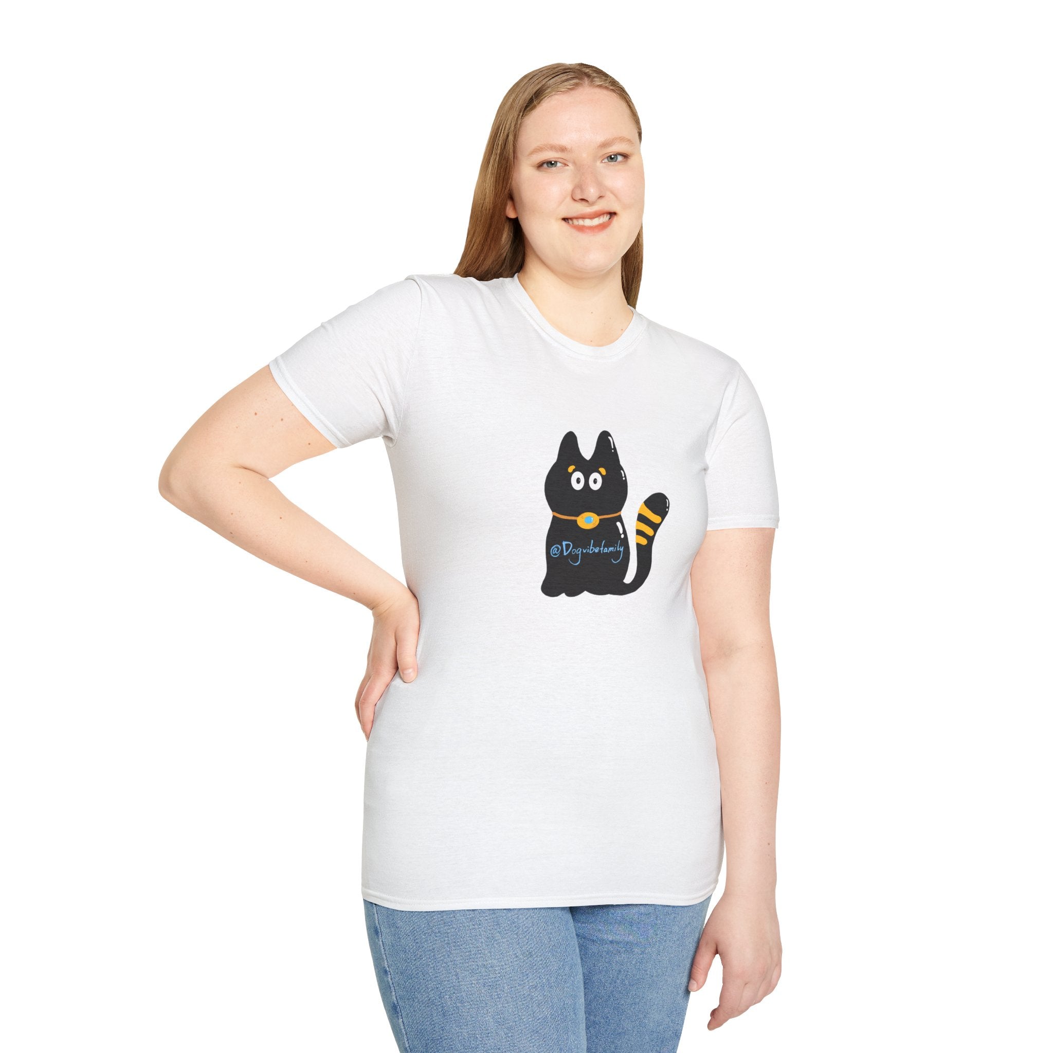 Black Cartoon Cat T-Shirt — 'Dog & Family' Bone Back Graphic