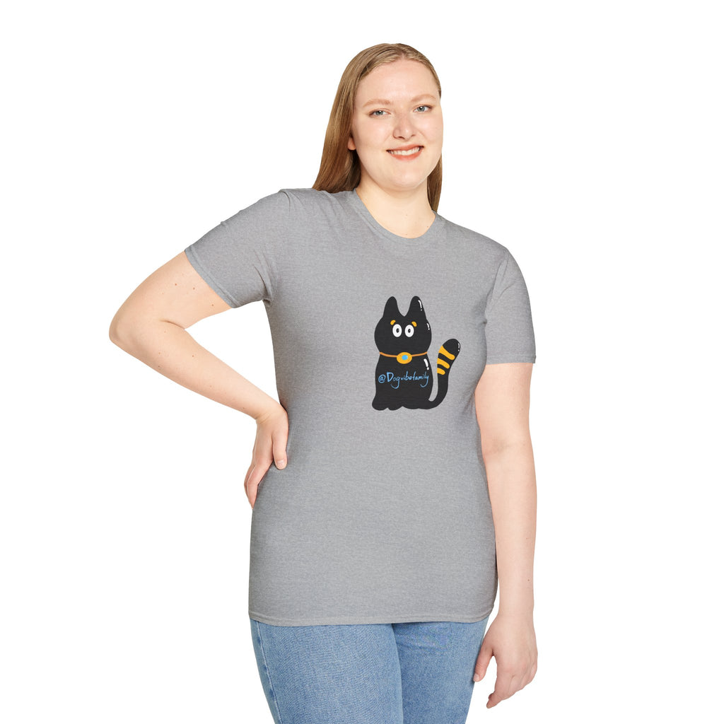 Black Cartoon Cat T-Shirt — 'Dog & Family' Bone Back Graphic
