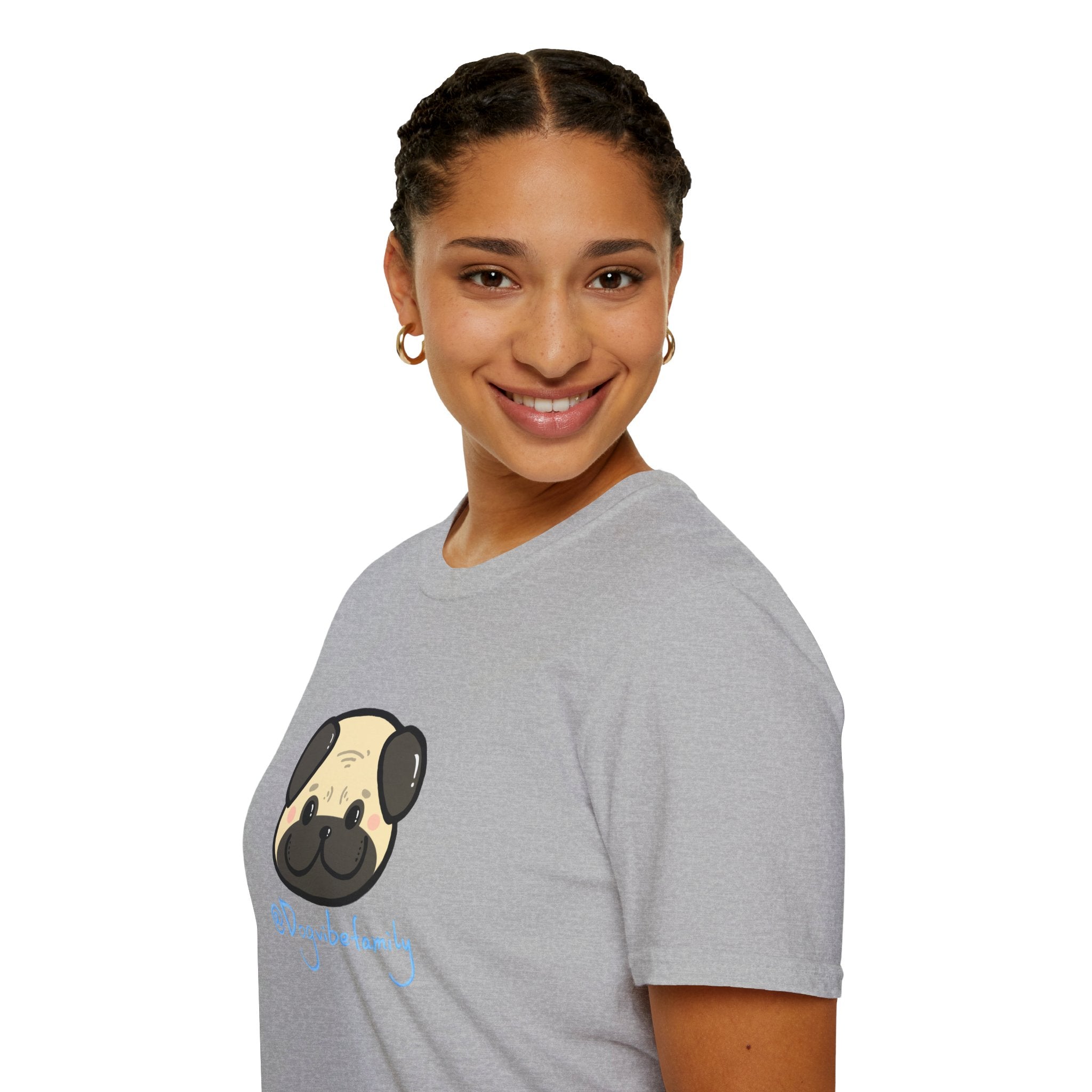 Pug Cartoon Tee — Cute Pug Face with “@Dogubotanically” Logo