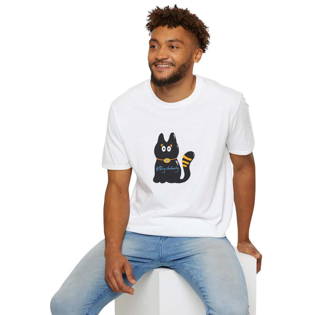 Black Cartoon Cat T-Shirt — 'Dog & Family' Bone Back Graphic