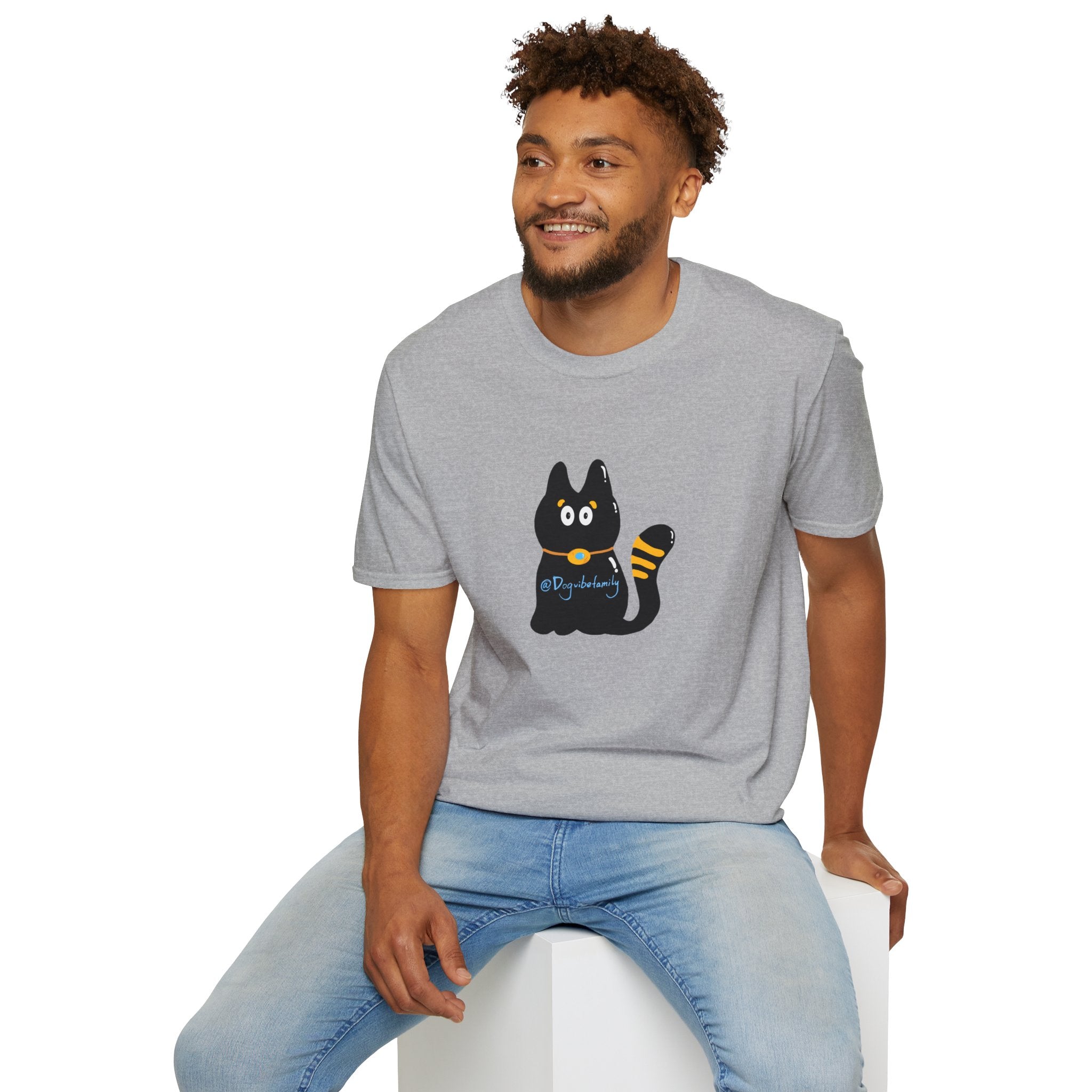 Black Cartoon Cat T-Shirt — 'Dog & Family' Bone Back Graphic