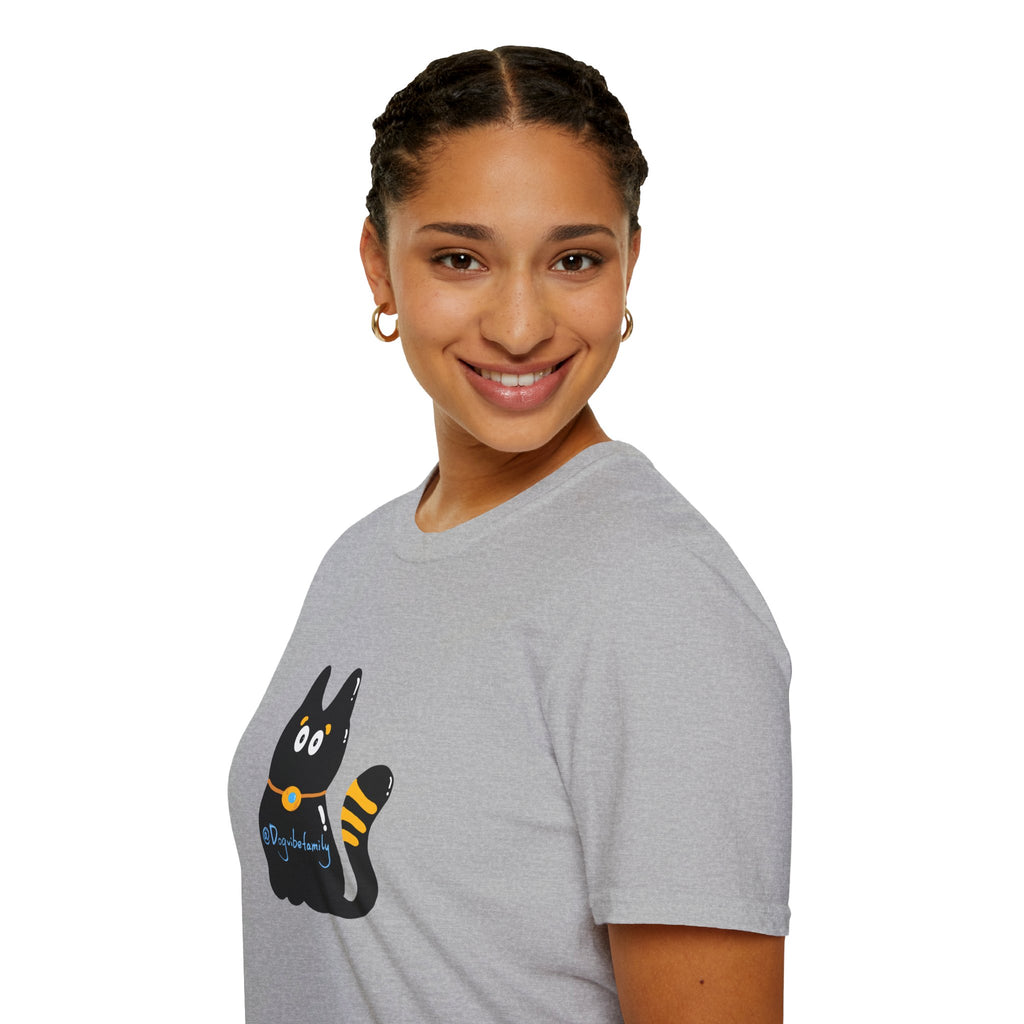 Black Cartoon Cat T-Shirt — 'Dog & Family' Bone Back Graphic