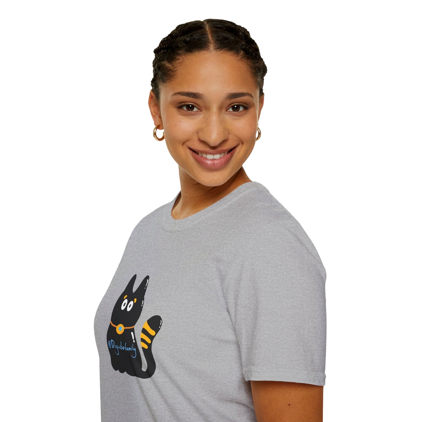 Black Cartoon Cat T-Shirt — 'Dog & Family' Bone Back Graphic