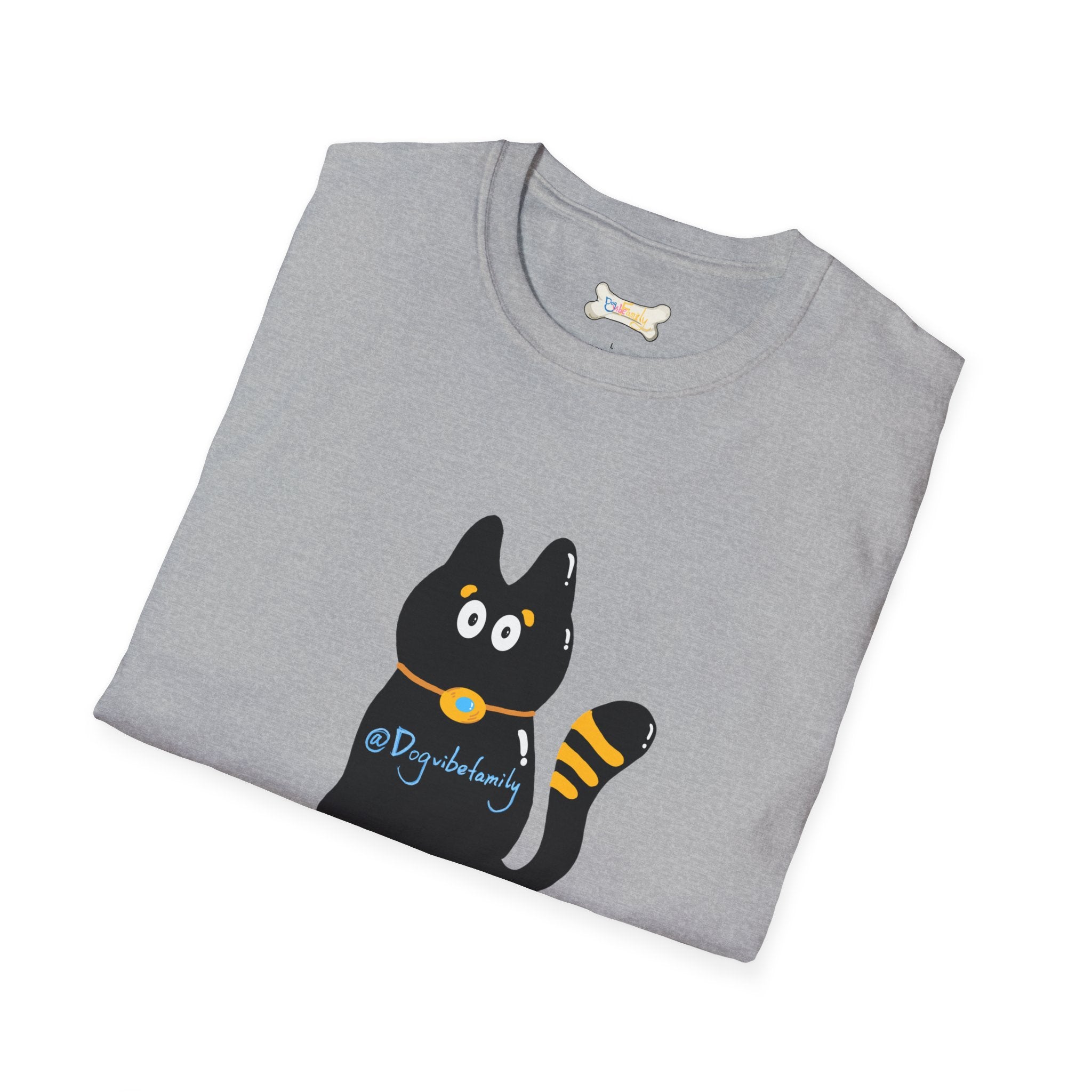 Black Cartoon Cat T-Shirt — 'Dog & Family' Bone Back Graphic