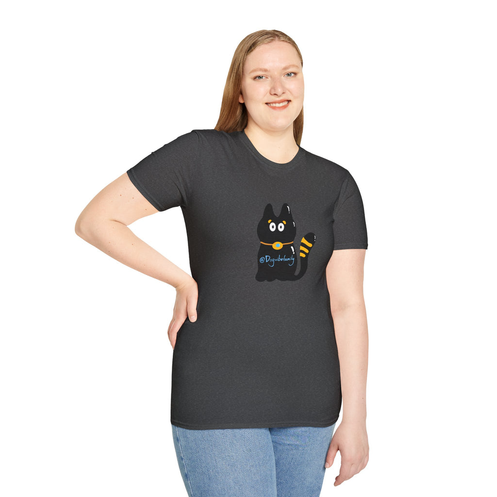 Black Cartoon Cat T-Shirt — 'Dog & Family' Bone Back Graphic