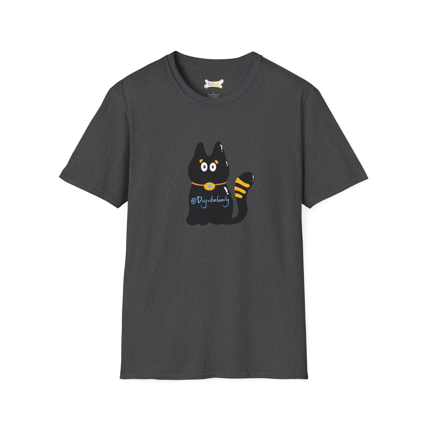 Black Cartoon Cat T-Shirt — 'Dog & Family' Bone Back Graphic