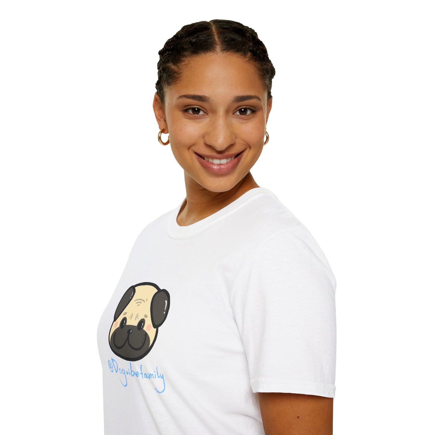 Pug Cartoon Tee — Cute Pug Face with “@Dogubotanically” Logo