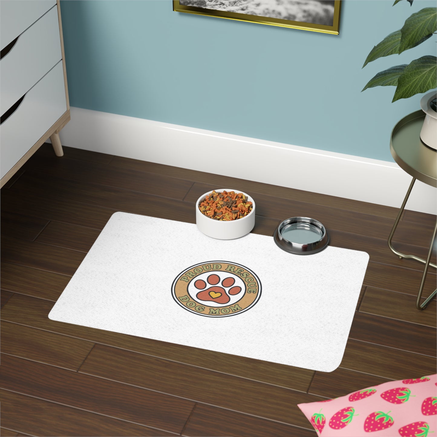 Pet Food Mat — "Proud Rescue Dog Mom" Non-Slip Feeding Mat (12x18)