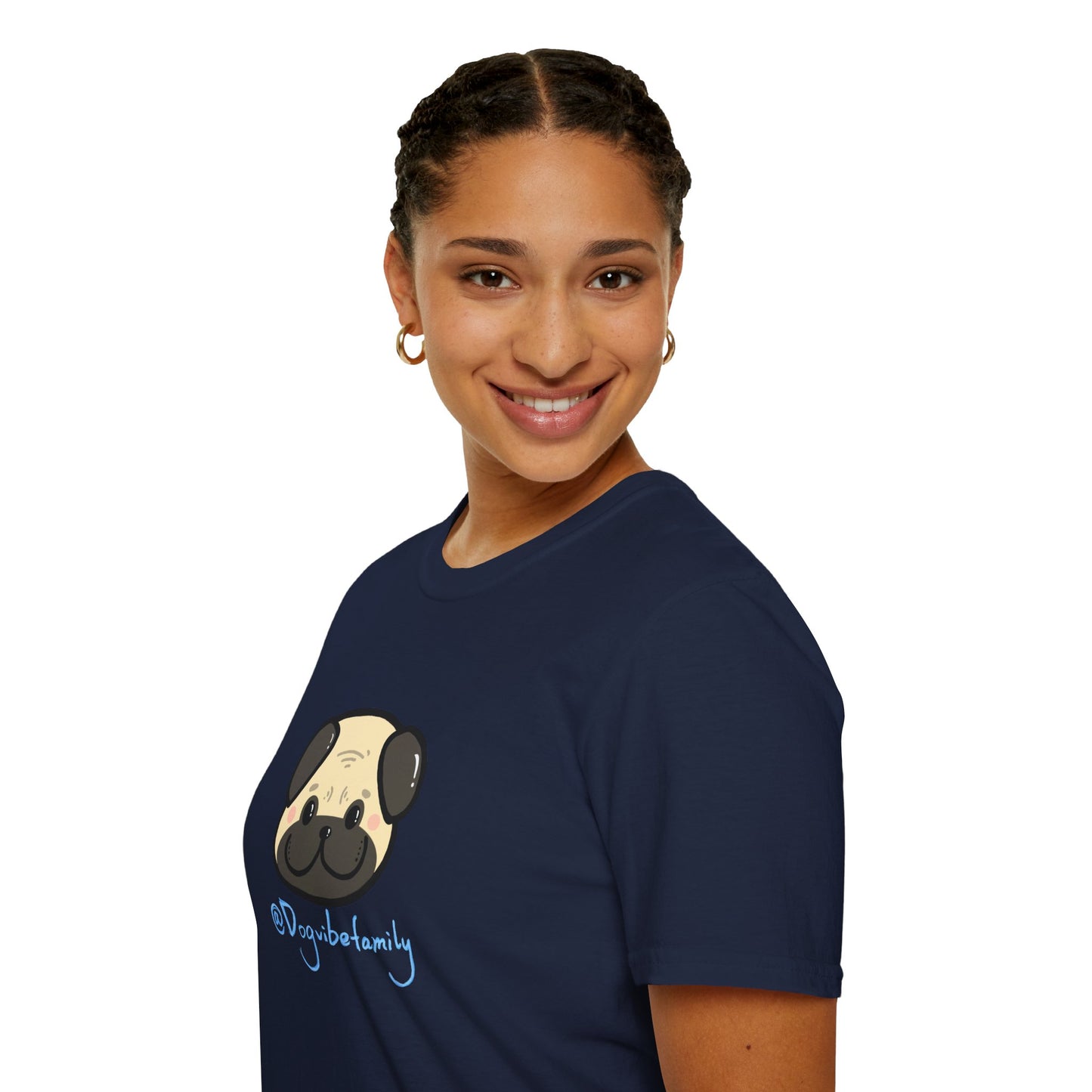 Pug Cartoon Tee — Cute Pug Face with “@Dogubotanically” Logo