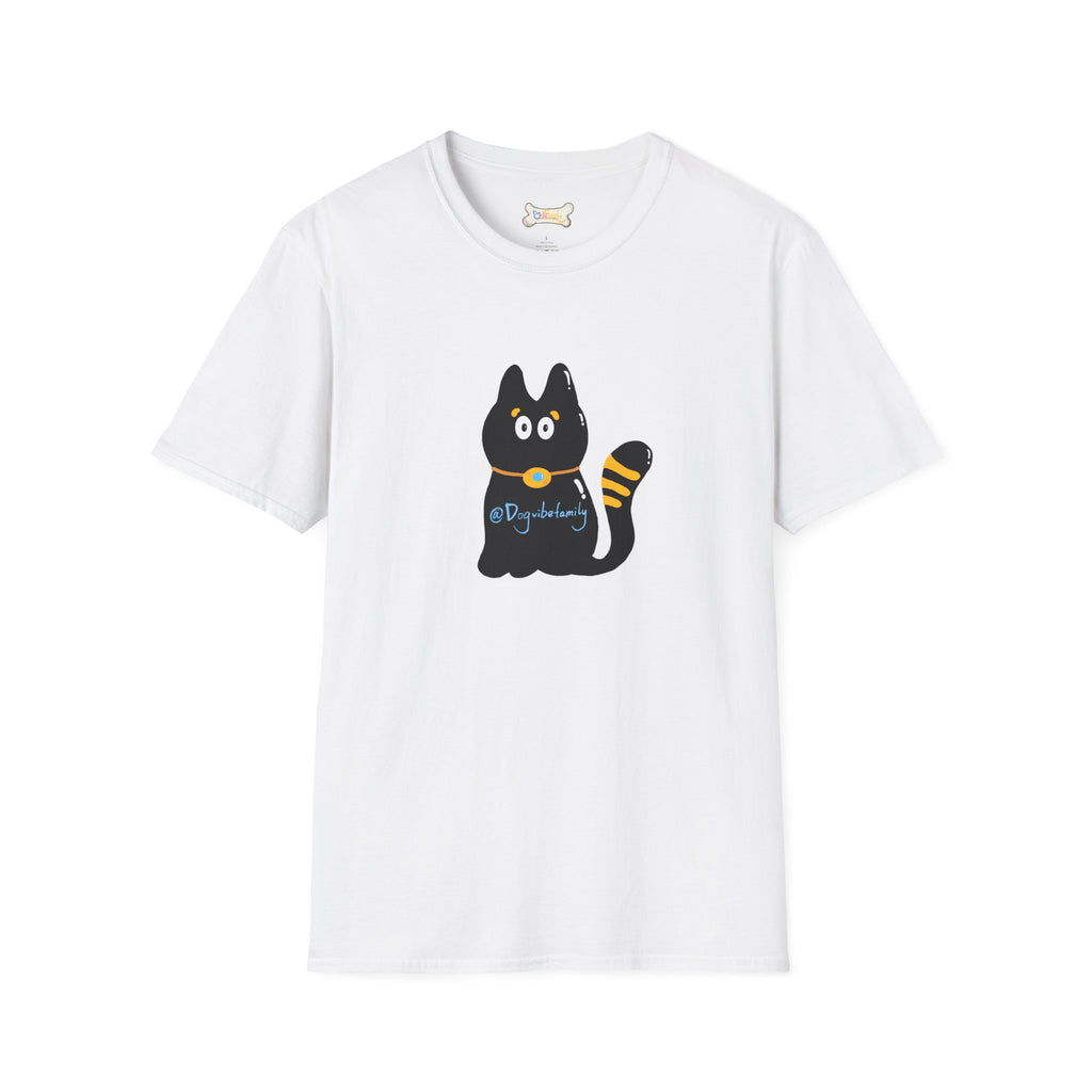 Black Cartoon Cat T-Shirt — 'Dog & Family' Bone Back Graphic