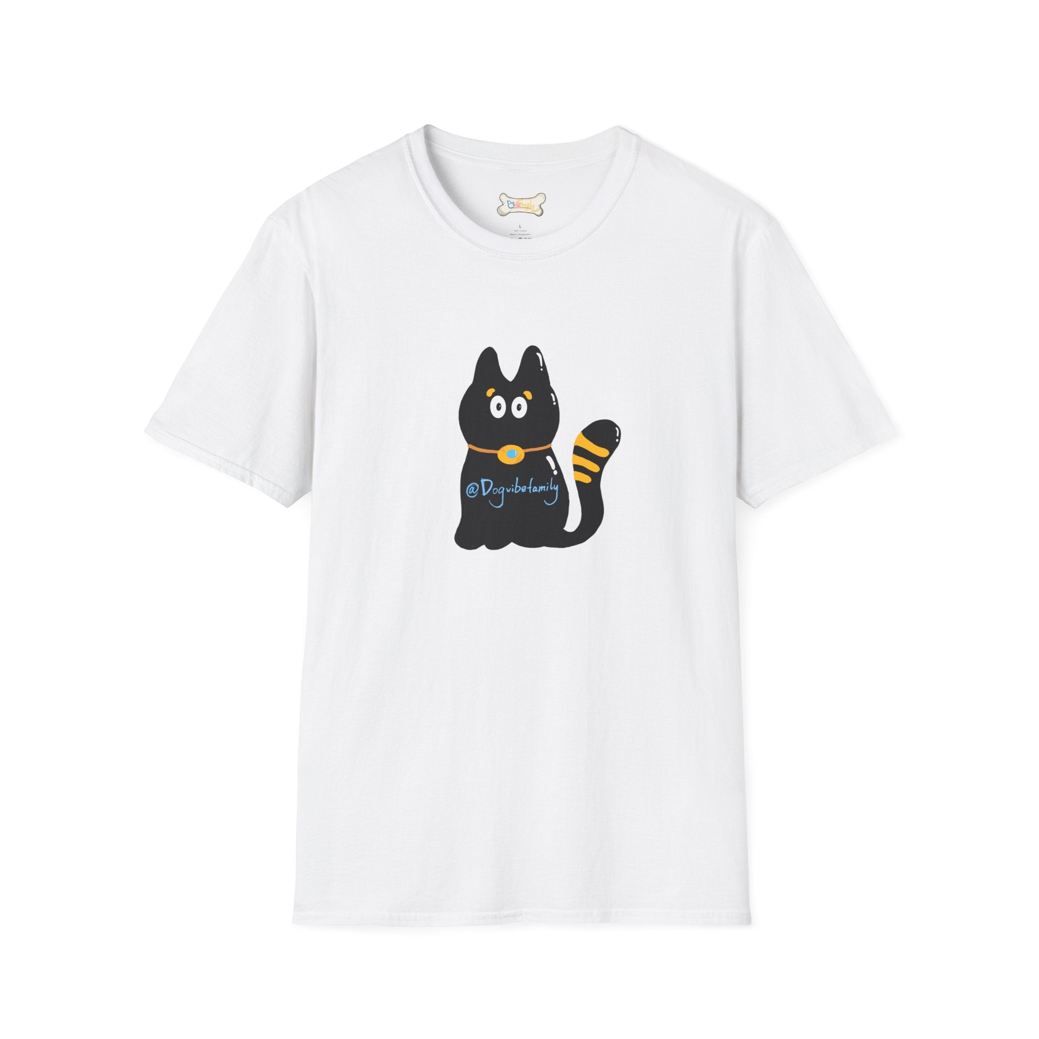 Black Cartoon Cat T-Shirt — 'Dog & Family' Bone Back Graphic