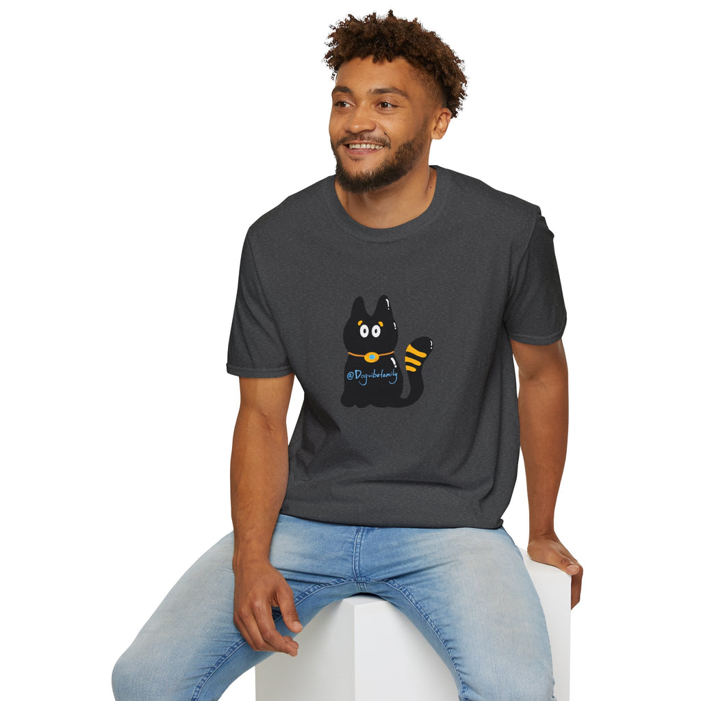 Black Cartoon Cat T-Shirt — 'Dog & Family' Bone Back Graphic