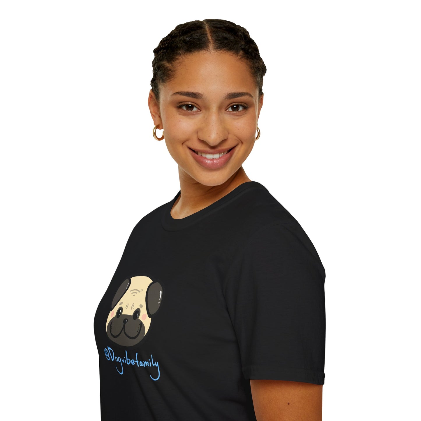 Pug Cartoon Tee — Cute Pug Face with “@Dogubotanically” Logo