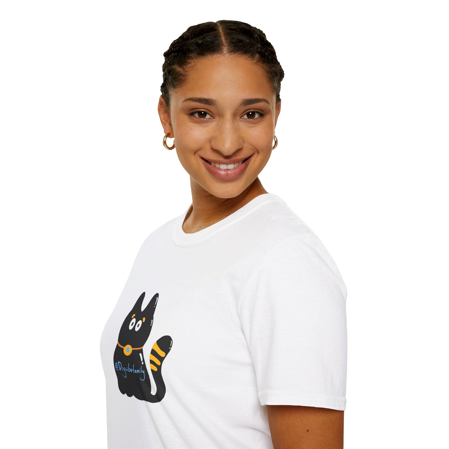 Black Cartoon Cat T-Shirt — 'Dog & Family' Bone Back Graphic