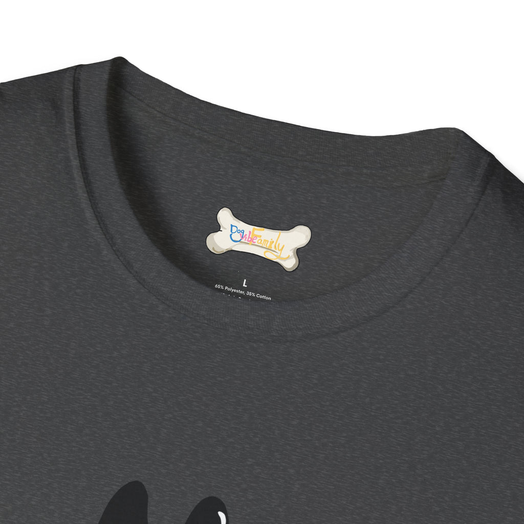 Black Cartoon Cat T-Shirt — 'Dog & Family' Bone Back Graphic