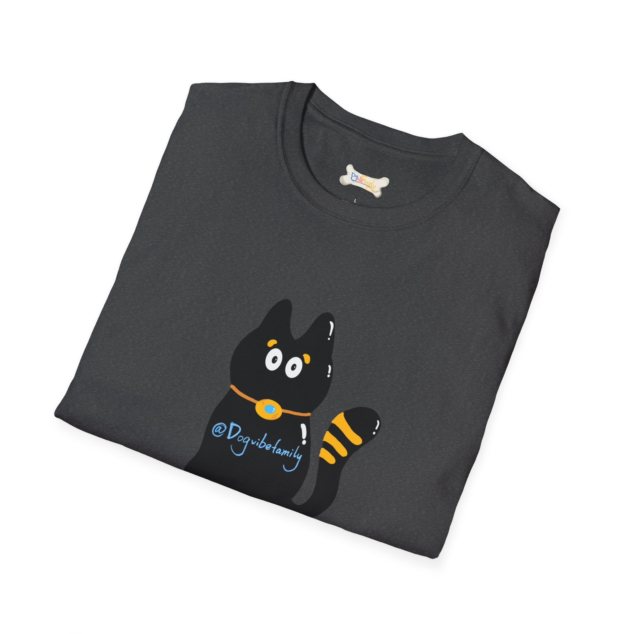 Black Cartoon Cat T-Shirt — 'Dog & Family' Bone Back Graphic
