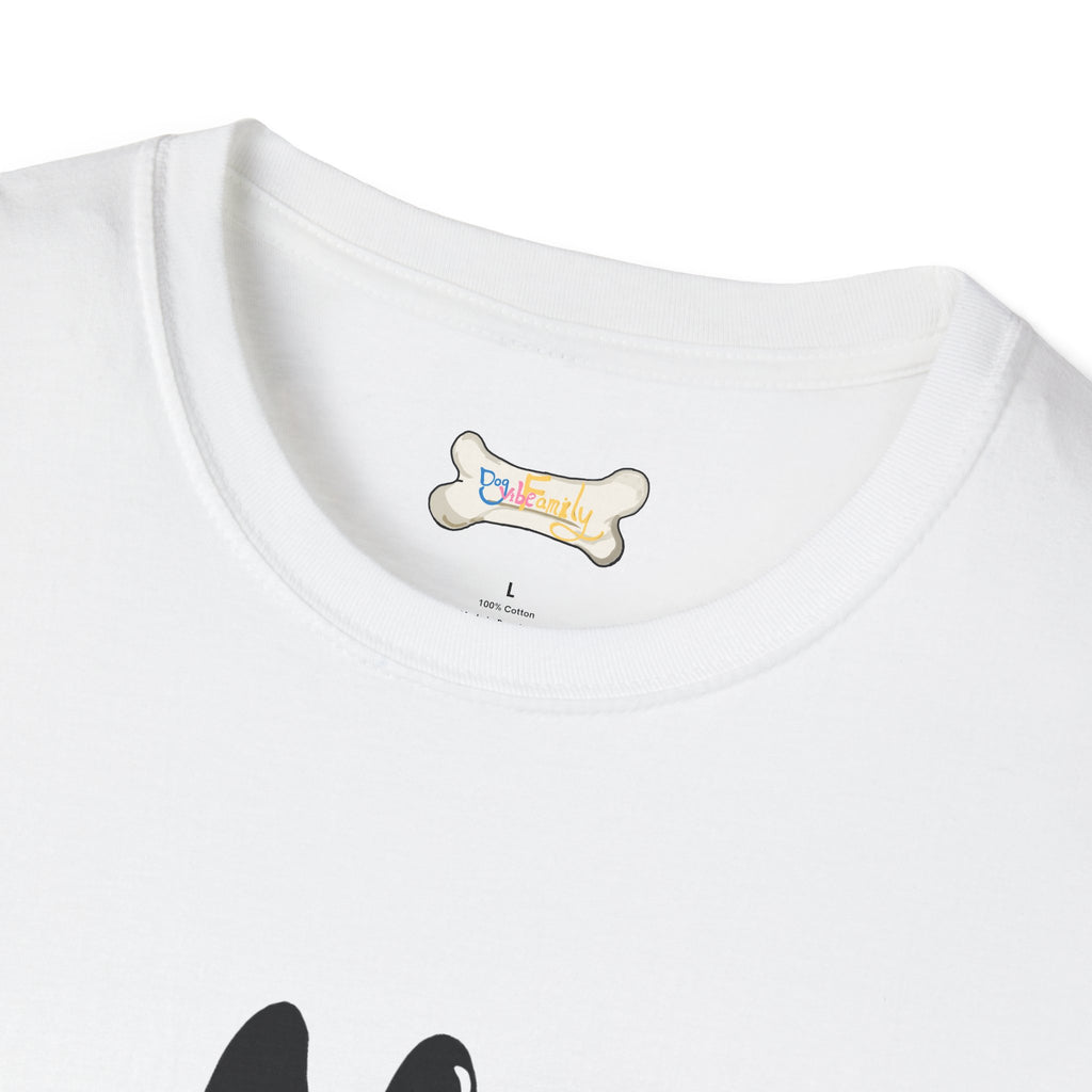 Black Cartoon Cat T-Shirt — 'Dog & Family' Bone Back Graphic