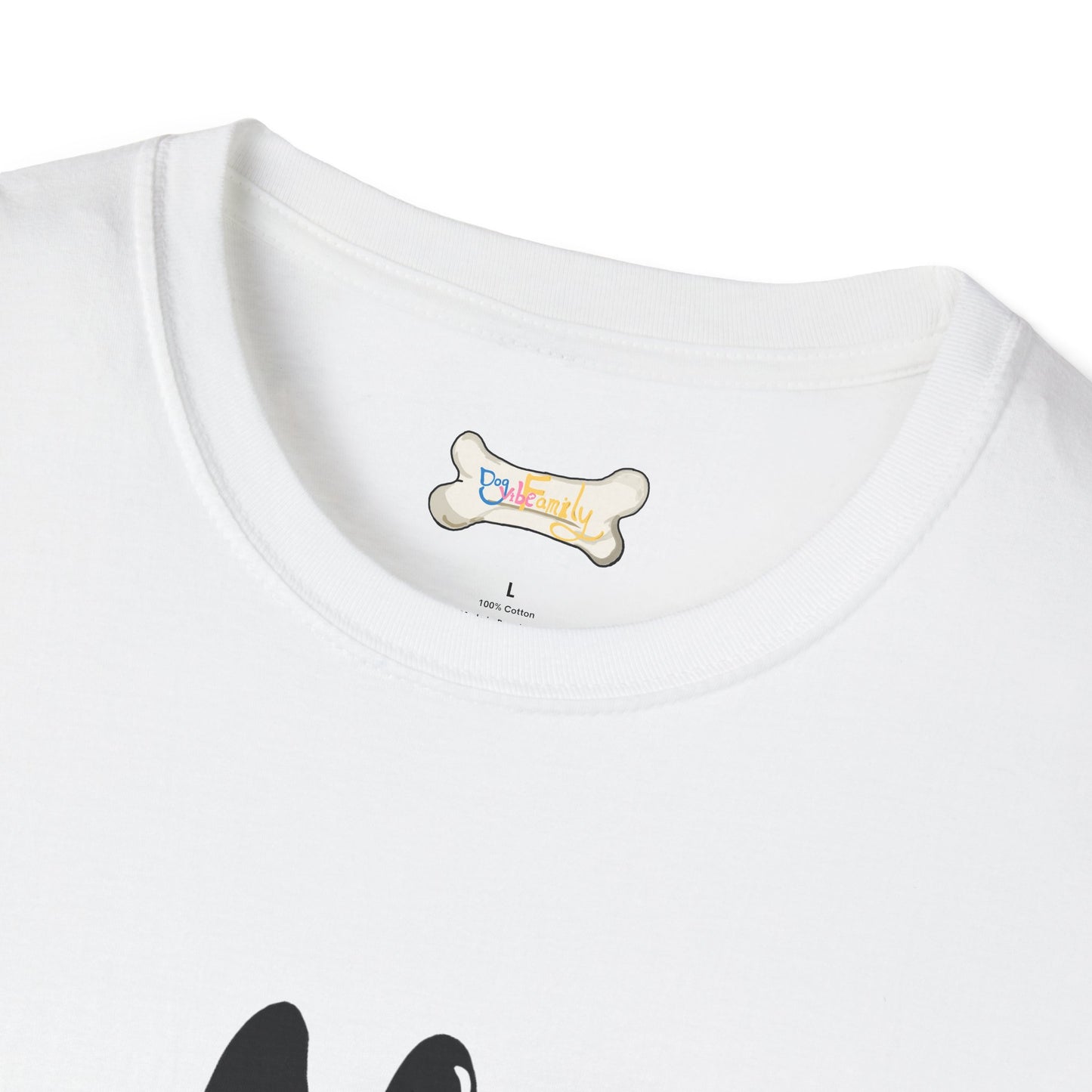 Black Cartoon Cat T-Shirt — 'Dog & Family' Bone Back Graphic