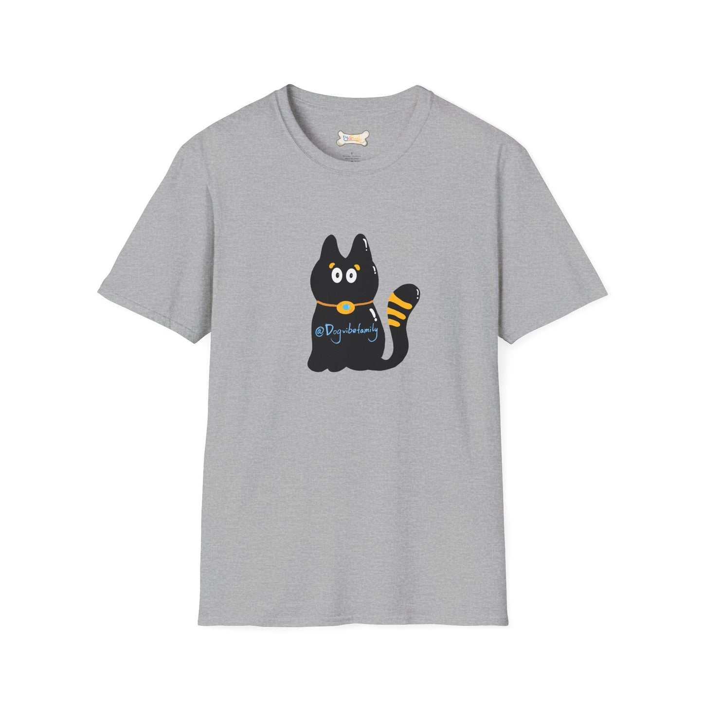 Black Cartoon Cat T-Shirt — 'Dog & Family' Bone Back Graphic