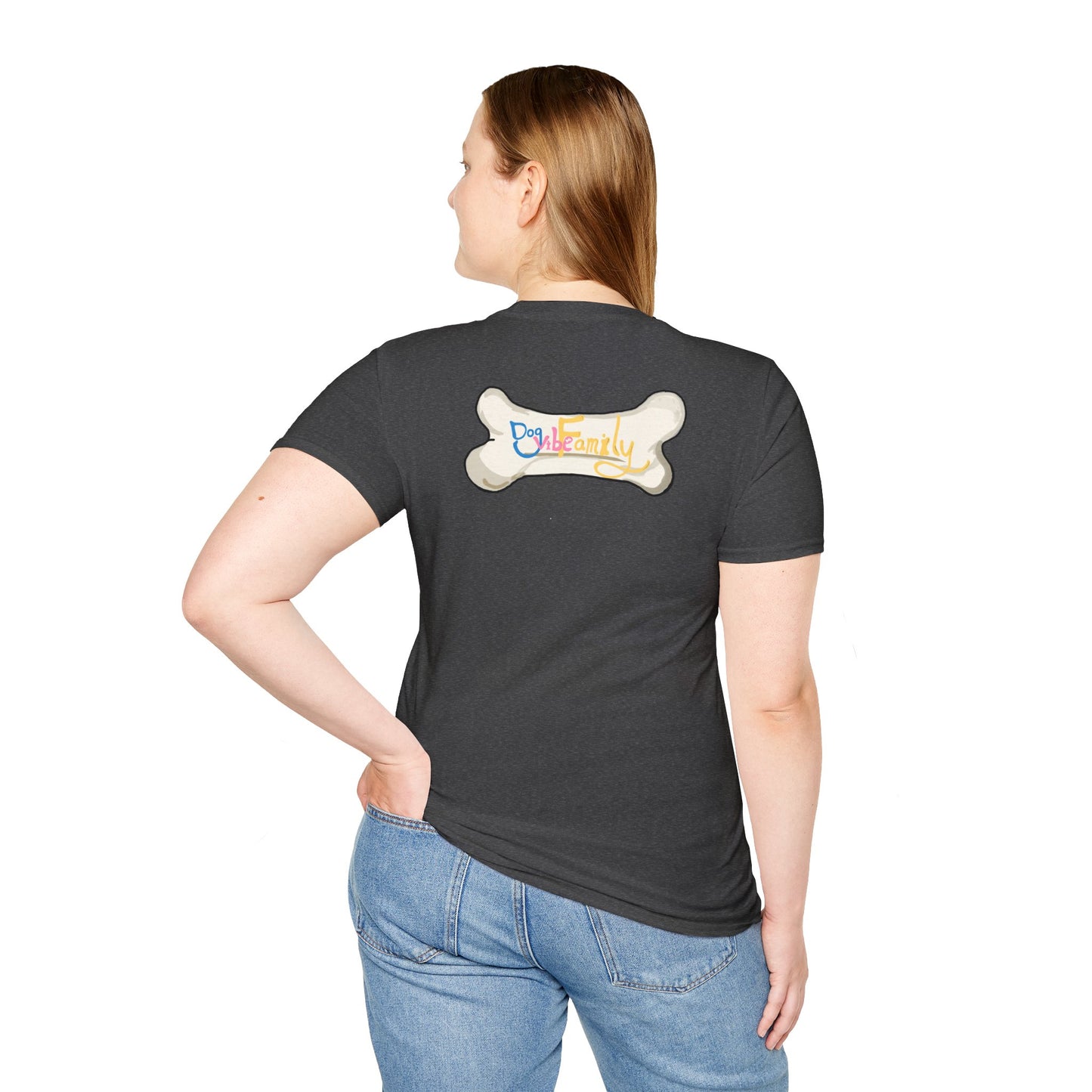 Black Cartoon Cat T-Shirt — 'Dog & Family' Bone Back Graphic