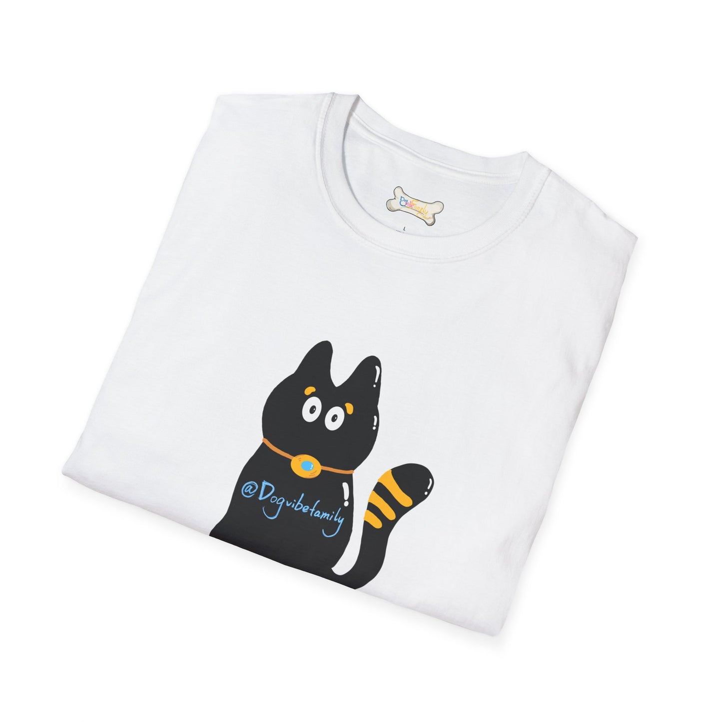 Black Cartoon Cat T-Shirt — 'Dog & Family' Bone Back Graphic