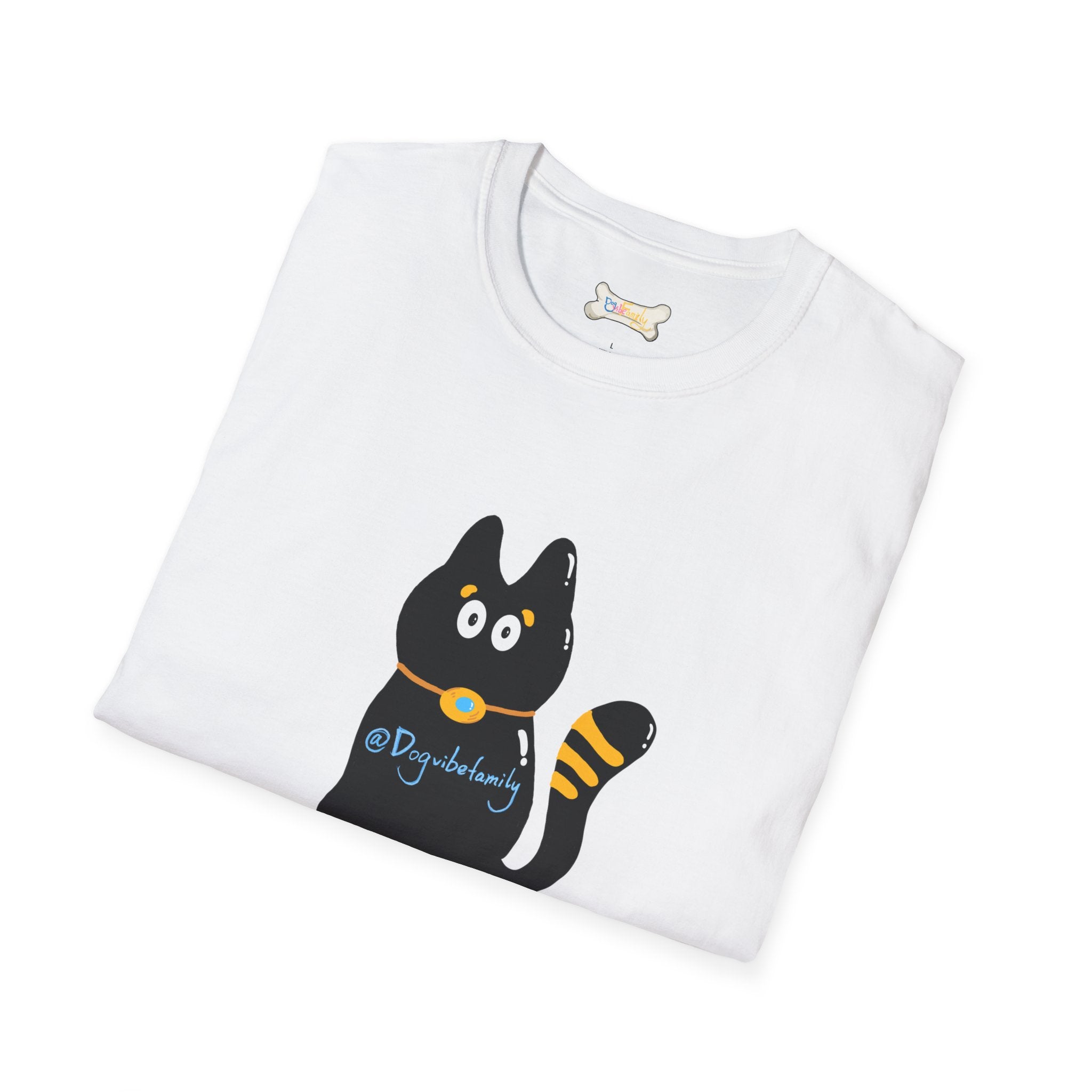 Black Cartoon Cat T-Shirt — 'Dog & Family' Bone Back Graphic