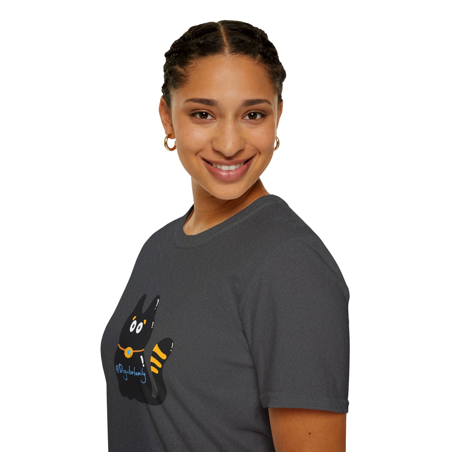 Black Cartoon Cat T-Shirt — 'Dog & Family' Bone Back Graphic