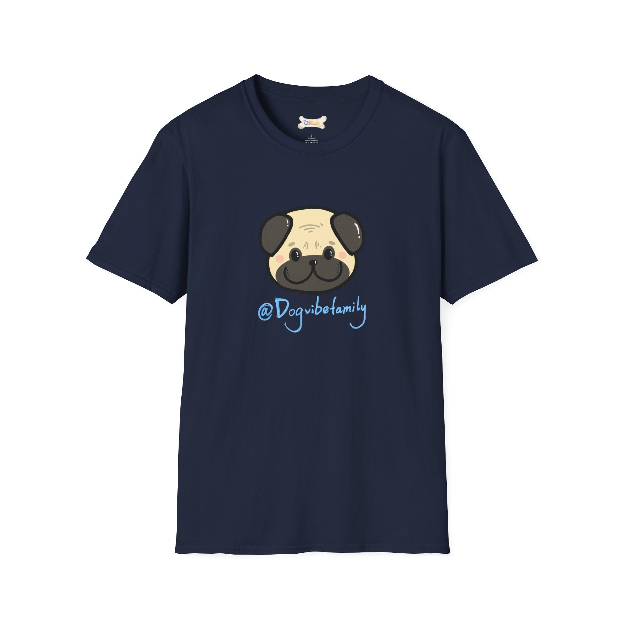 Pug Cartoon Tee — Cute Pug Face with “@Dogubotanically” Logo