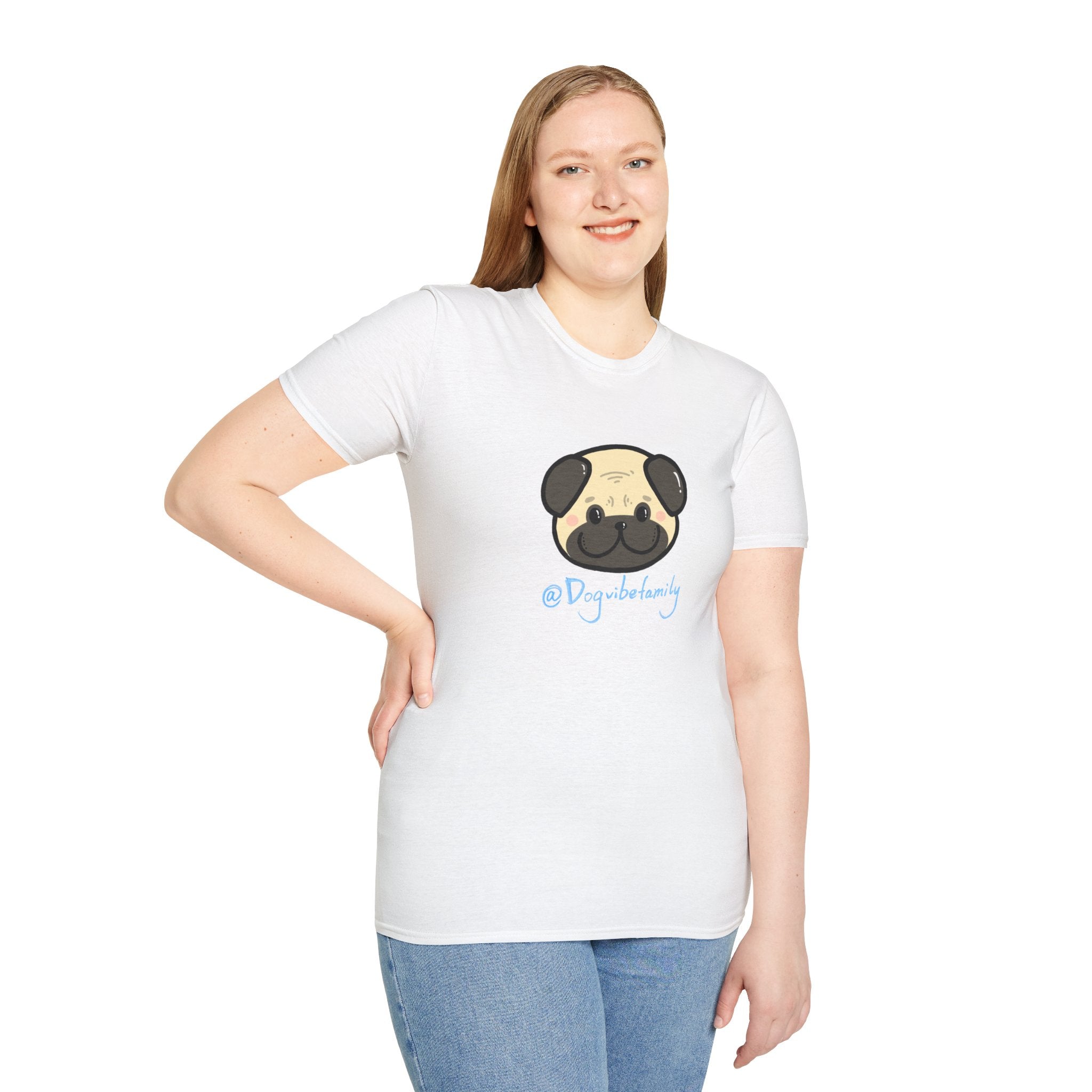 Pug Cartoon Tee — Cute Pug Face with “@Dogubotanically” Logo