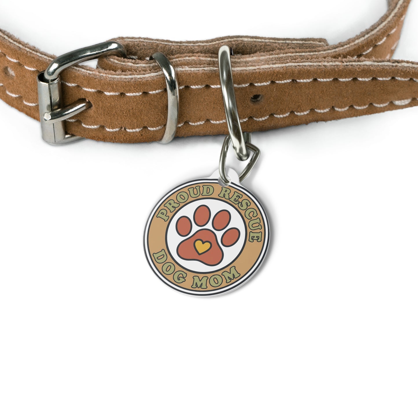 Proud Rescue Dog Mom Pet Tag — Round Personalized Dog ID Tag with Paw & Heart